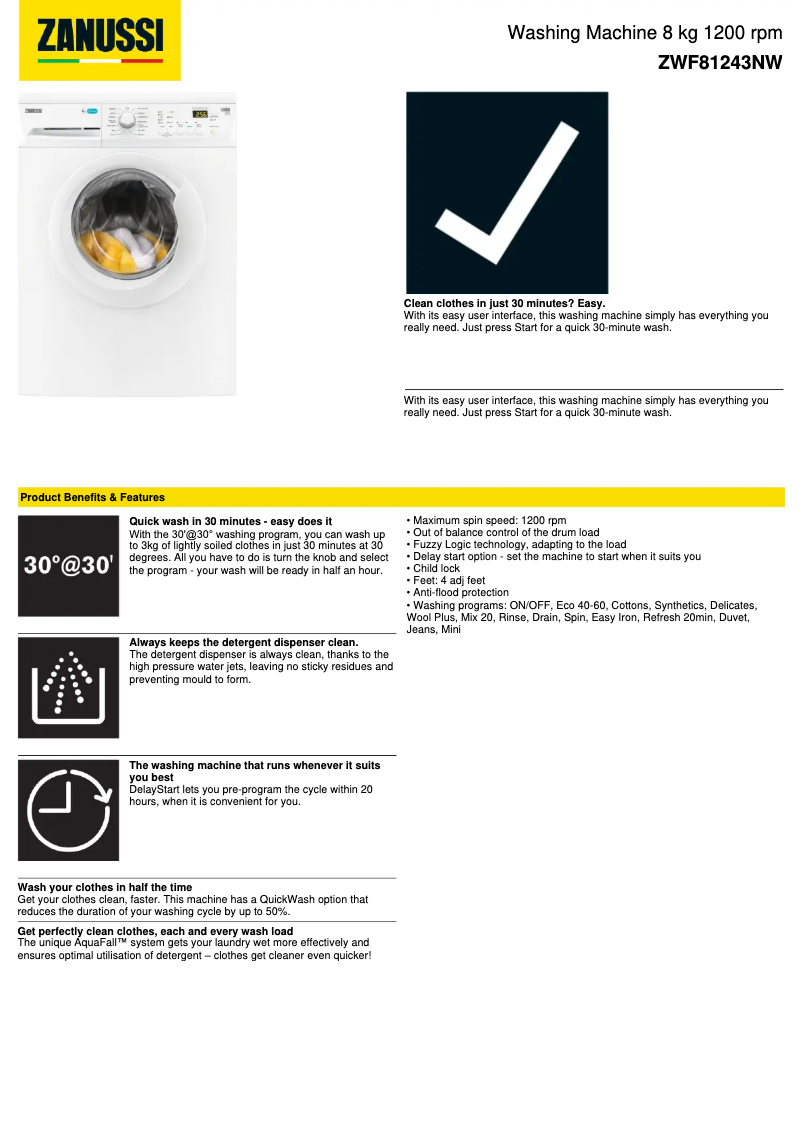 Page n°1 - Fiche technique Zanussi ZWF 81243 NW