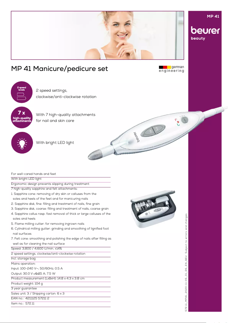 Page 1 de la notice Fiche technique Beurer MP 41