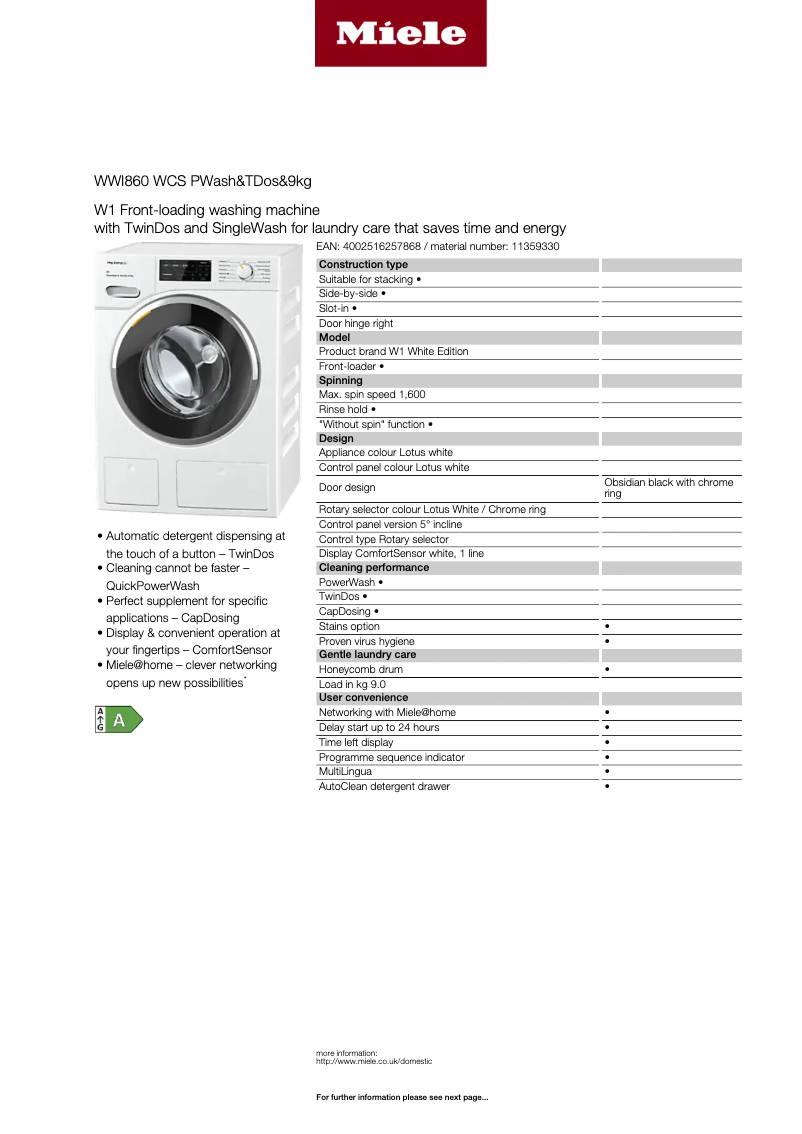 Page 1 de la notice Fiche technique Miele WWI 860 WCS