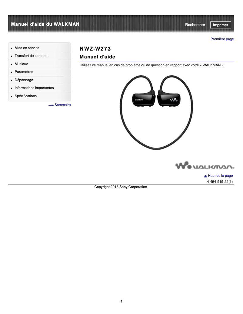 Page 1 de la notice Manuel utilisateur Sony Walkman NWZ-W273