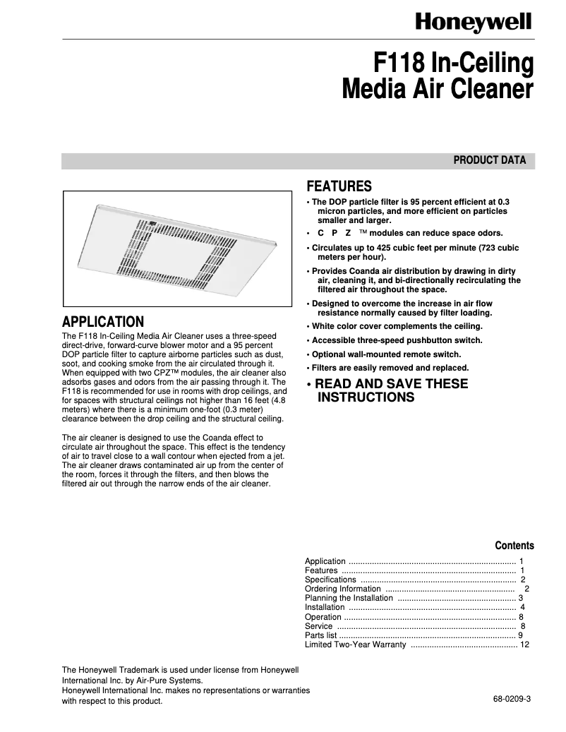 Page n°1 - Manuel utilisateur Honeywell F118
