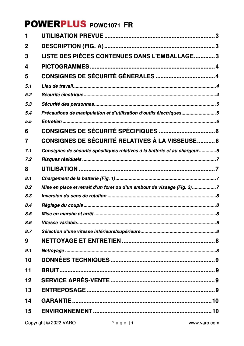 Page 1 de la notice Manuel utilisateur PowerPlus POWC1071