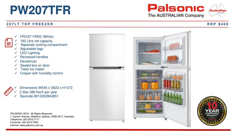 Page 1 de la notice Fiche technique Palsonic PW207TFR