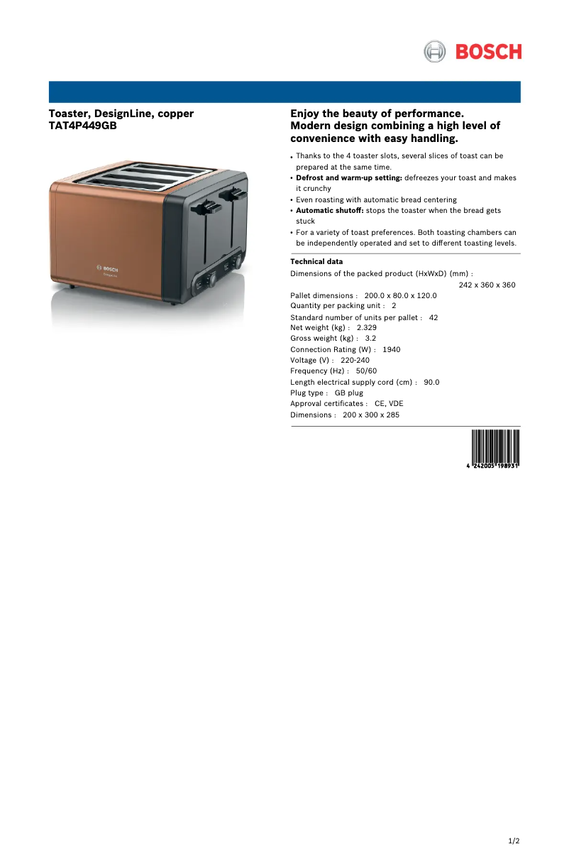 Página 1 del manual Ficha técnica Bosch TAT4P449GB