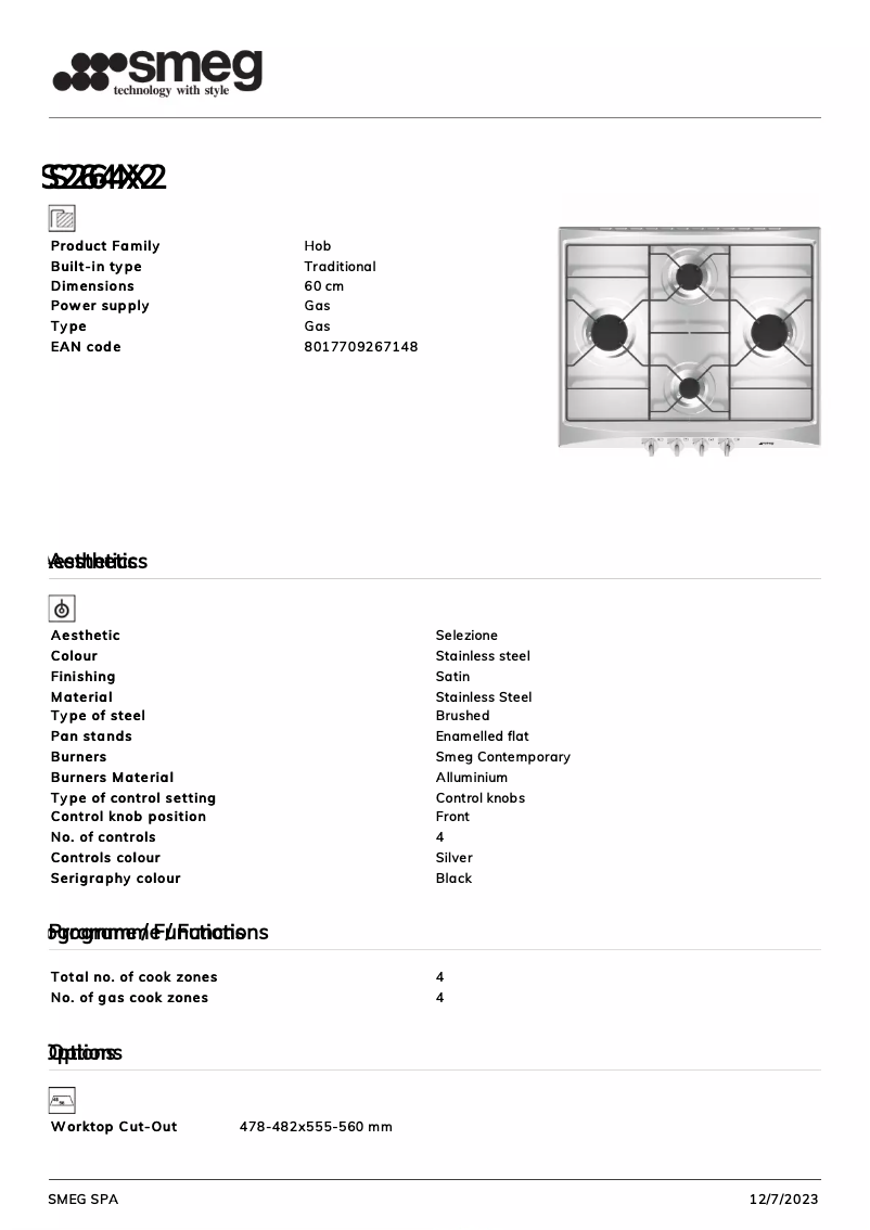 Page 1 de la notice Fiche technique Smeg S264X2