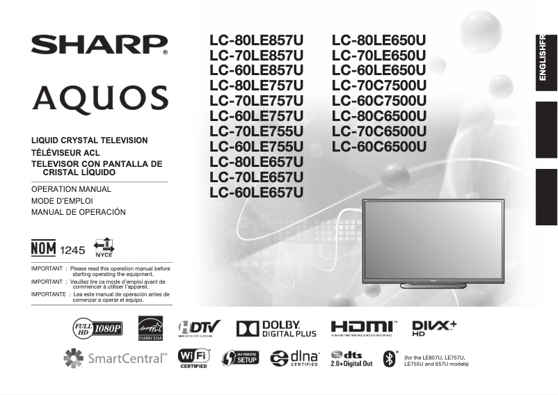 Page 1 de la notice Manuel utilisateur Sharp Aquos LC-70LE857U