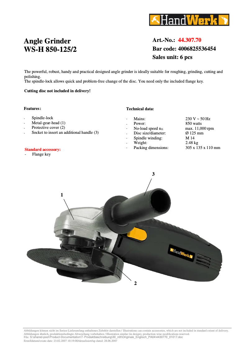 Page 1 de la notice Manuel utilisateur Handwerk WS-H 850-125/2