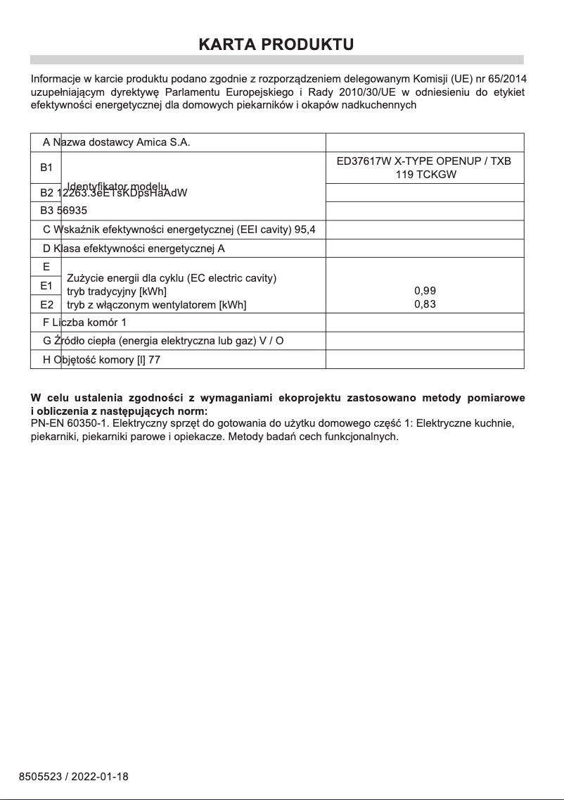 Page n°1 - Fiche technique Amica ED37617W