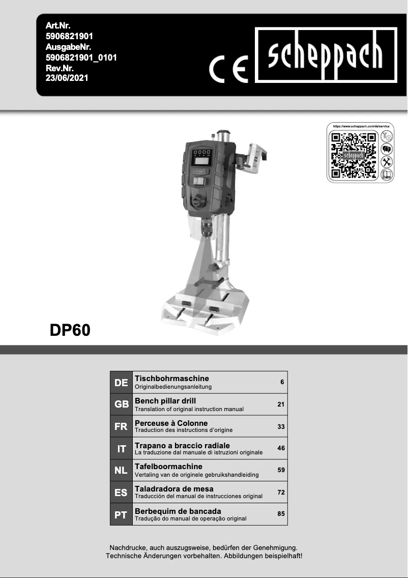 Page 1 de la notice Manuel utilisateur Scheppach DP60