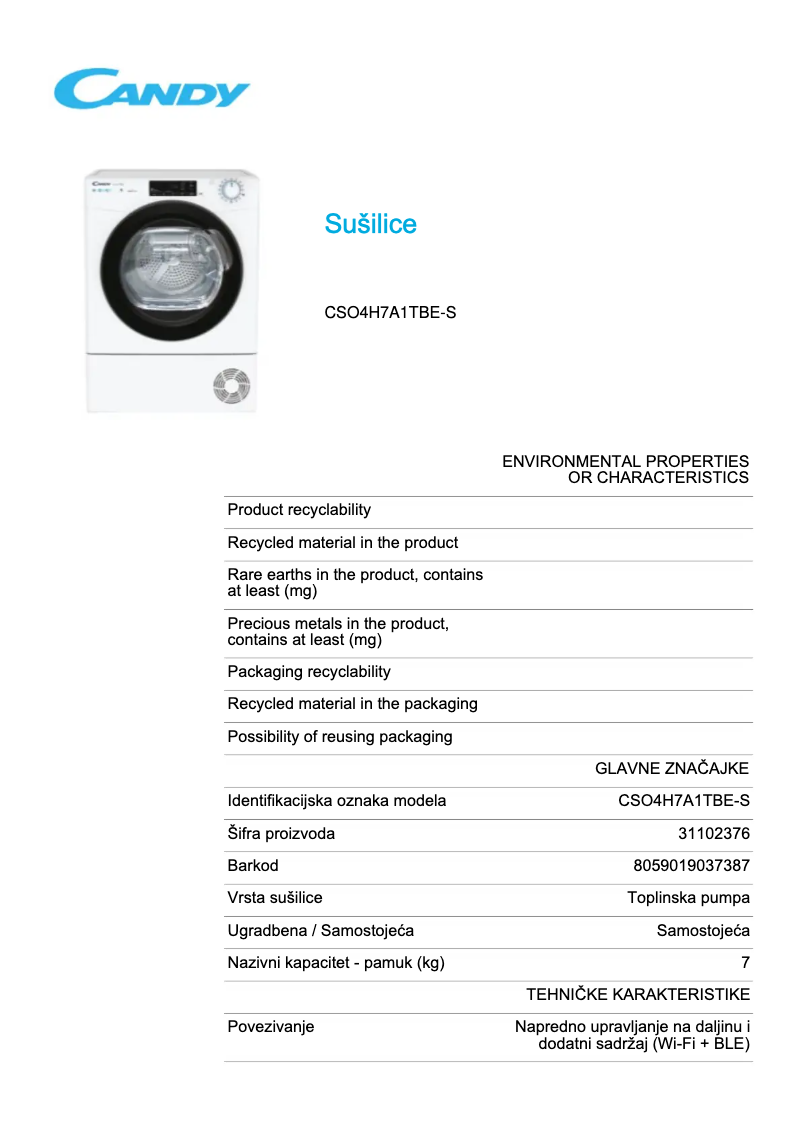 Page 1 de la notice Fiche technique Candy CSO4 H7A1TBE-S