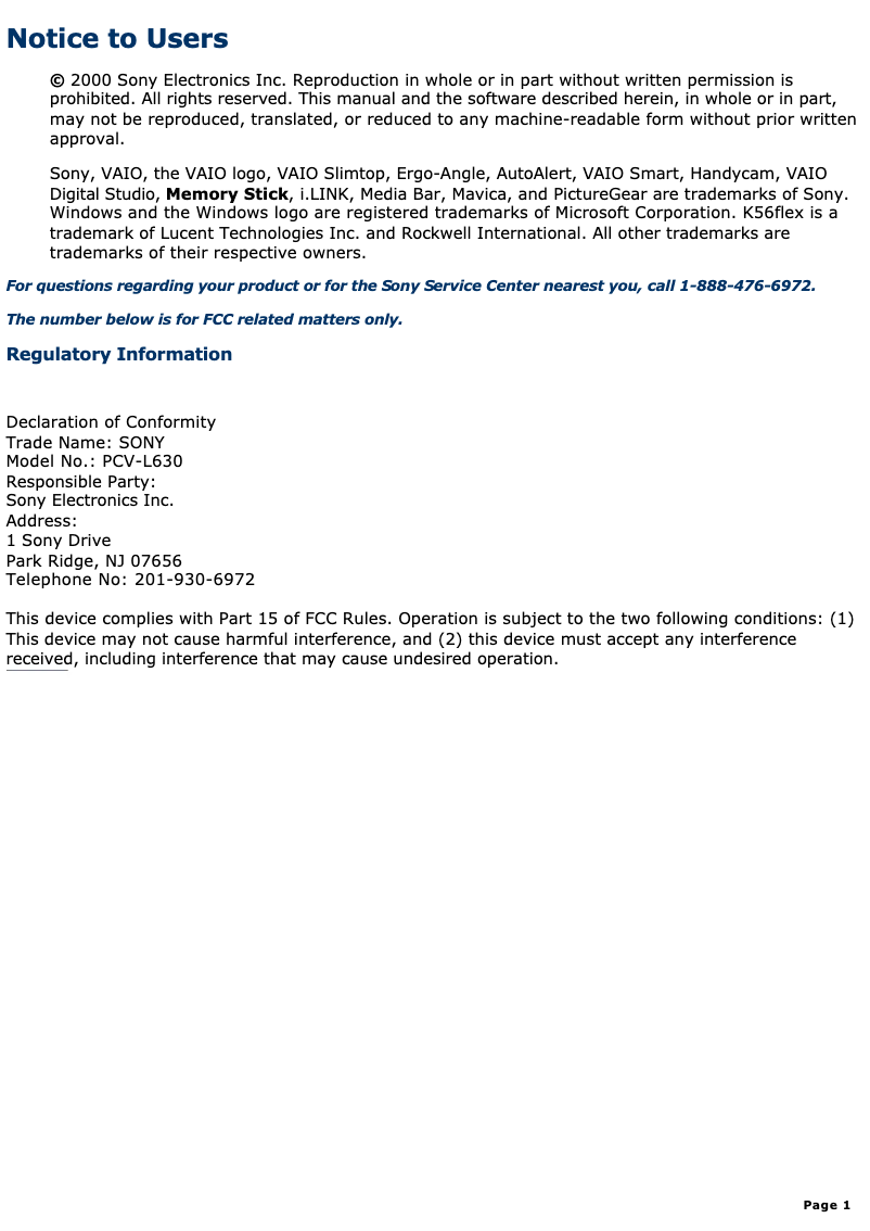 Page n°1 - Manuel utilisateur Sony Vaio PCV-L630