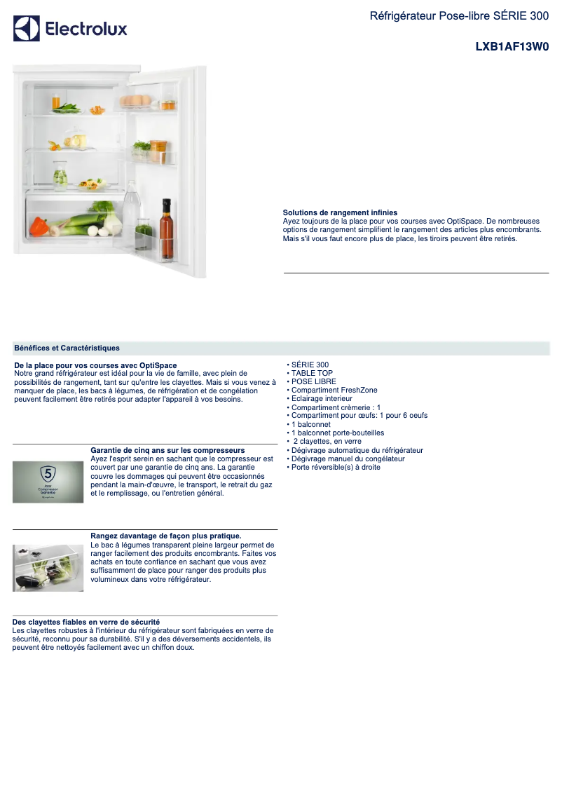 Page 1 de la notice Fiche technique Electrolux LXB1AF13W0