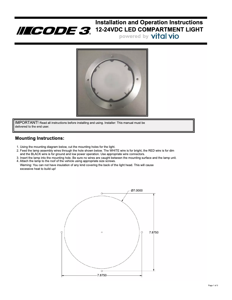 Page n°1 - Manuel utilisateur Code 3 PCL-LED-VV