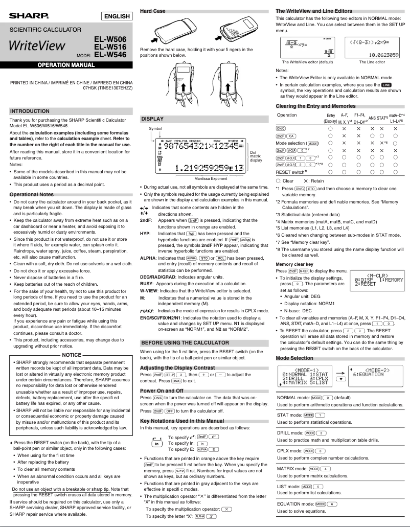 Page 1 de la notice Manuel utilisateur Sharp EL-W516XBSL