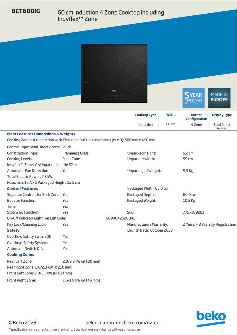 Page 1 de la notice Fiche technique Beko BCT600IG