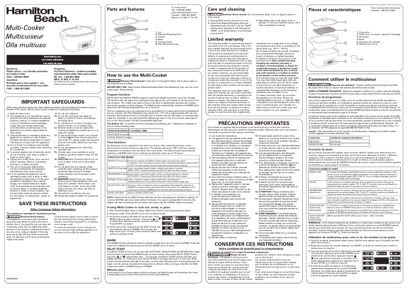 Page 1 de la notice Manuel utilisateur Hamilton Beach 33604
