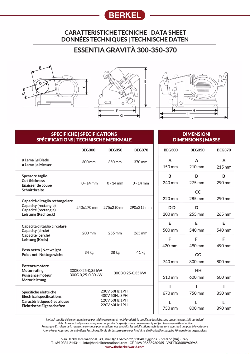 Page 1 de la notice Fiche technique Berkel Essentia Gravitá BEG300
