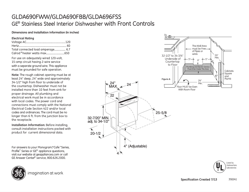 Page 1 of the manual Technical Sheet GE GLDA696FSS