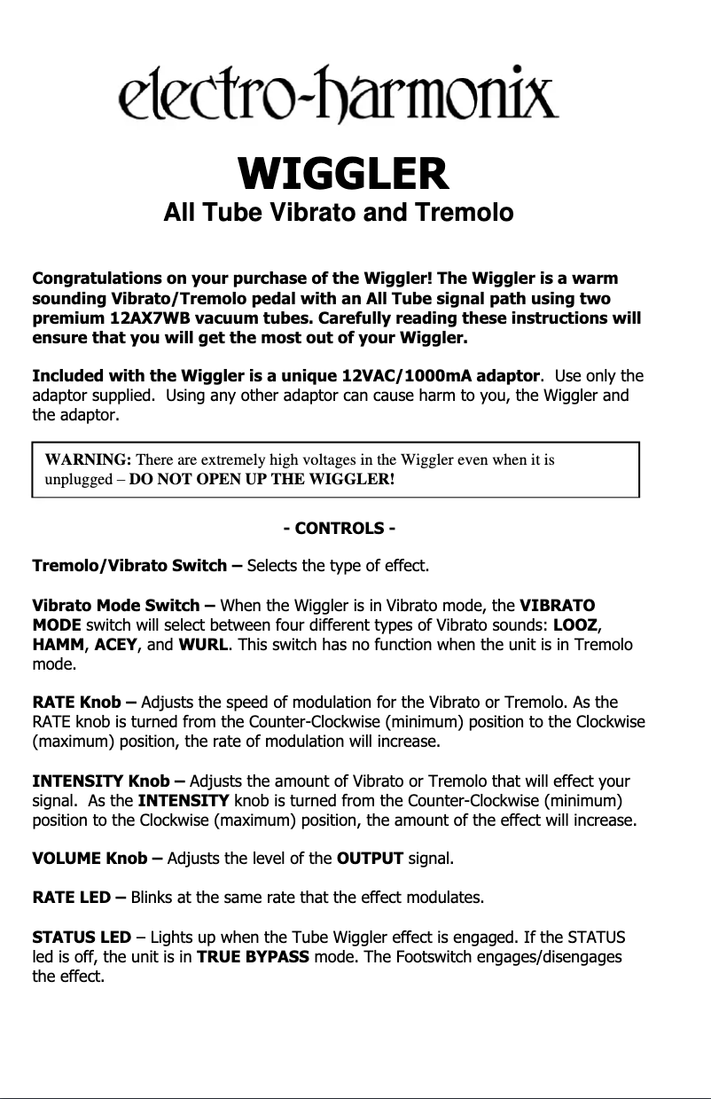 Page 1 de la notice Manuel utilisateur Electro Harmonix Wiggler