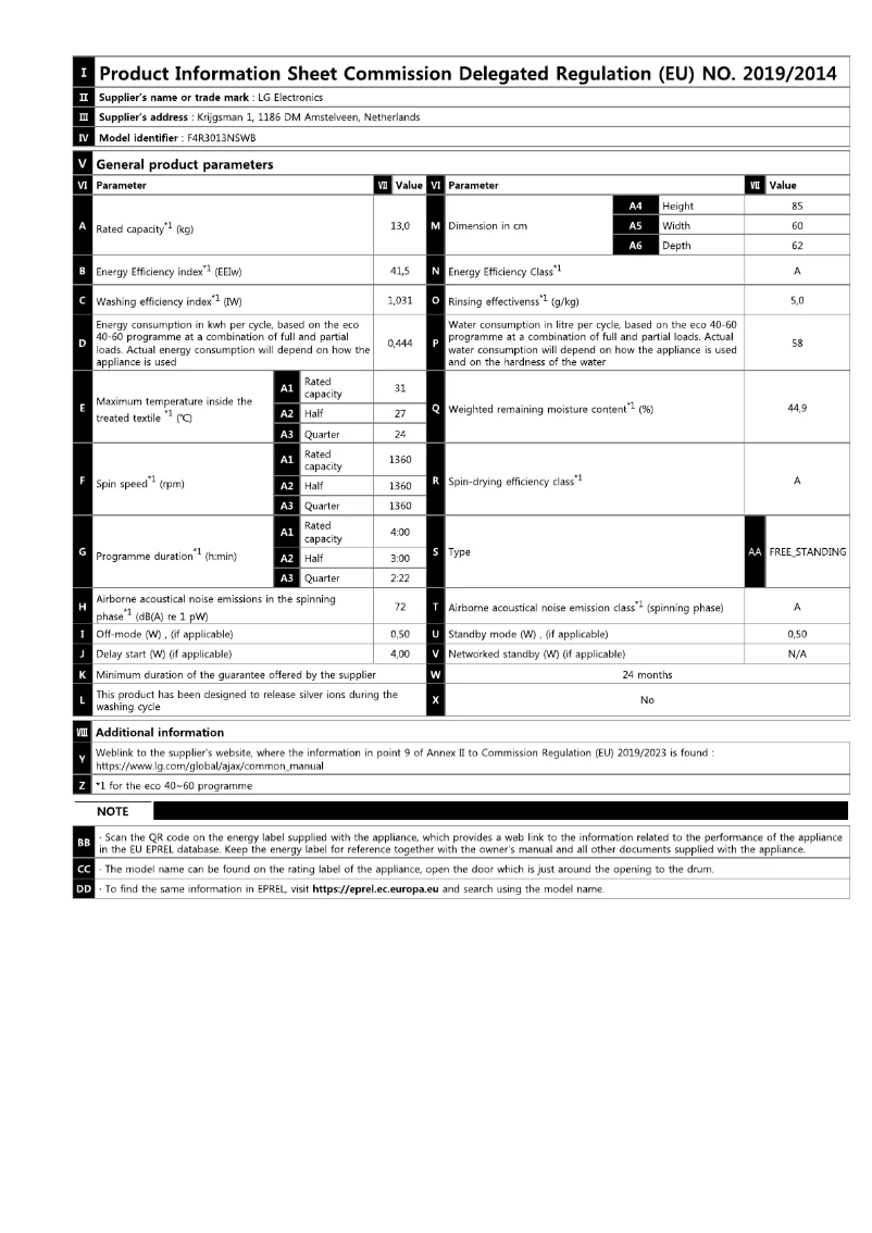 Page 1 de la notice Manuel utilisateur LG F4R3013NSWB