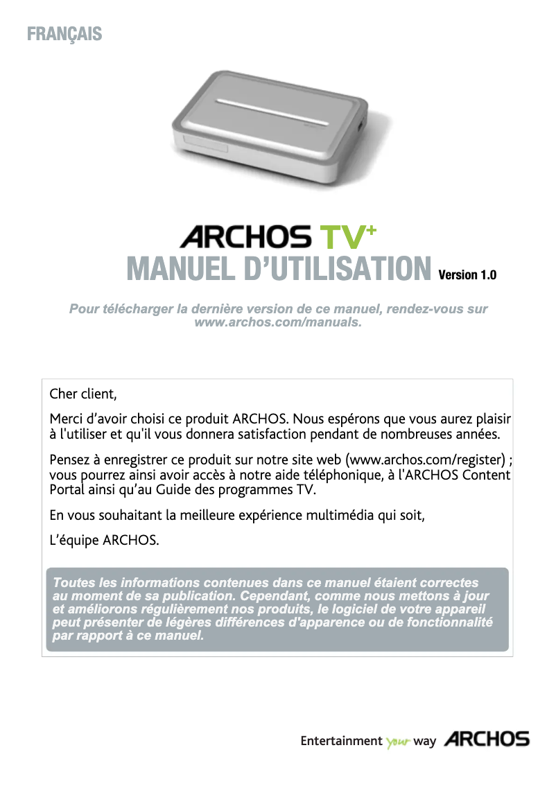 Page 1 de la notice Manuel utilisateur Archos TV+