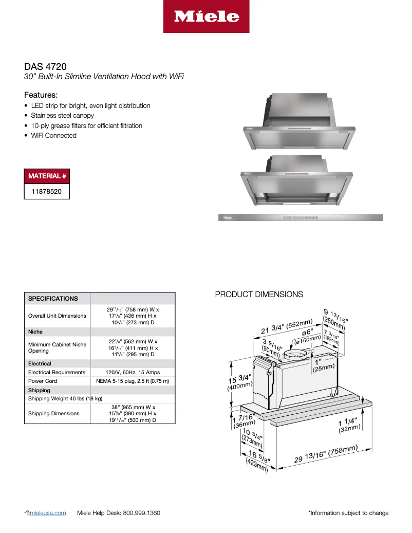 Page n°1 - Fiche technique Miele DAS 4720