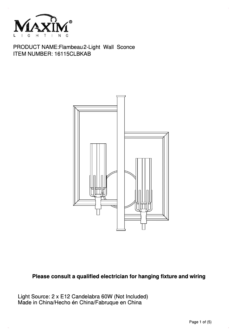 Page n°1 - Manuel utilisateur Maxim Flambeau 16115CLBKAB