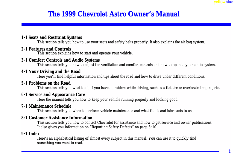 Page 1 de la notice Manuel utilisateur Chevrolet Astro Passenger (1999)