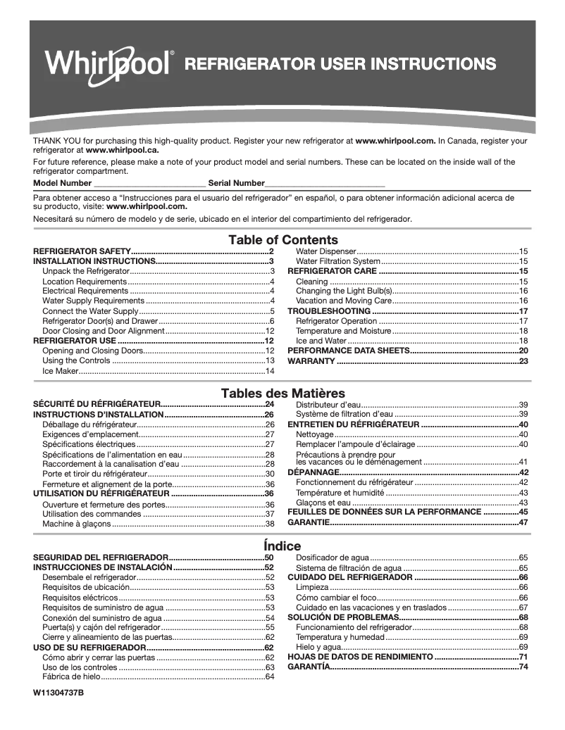 Page 1 de la notice Manuel utilisateur Whirlpool WRF540CWHW