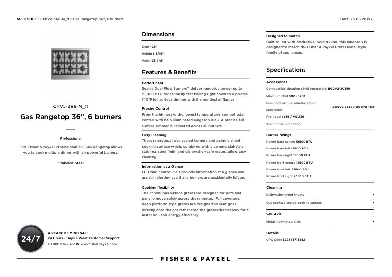 Page n°1 - Fiche technique Fisher & Paykel CPV2-366-N_N
