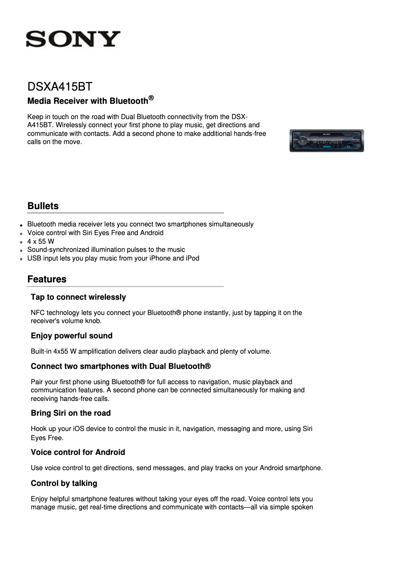 Page 1 de la notice Fiche technique Sony DSX-A415BT
