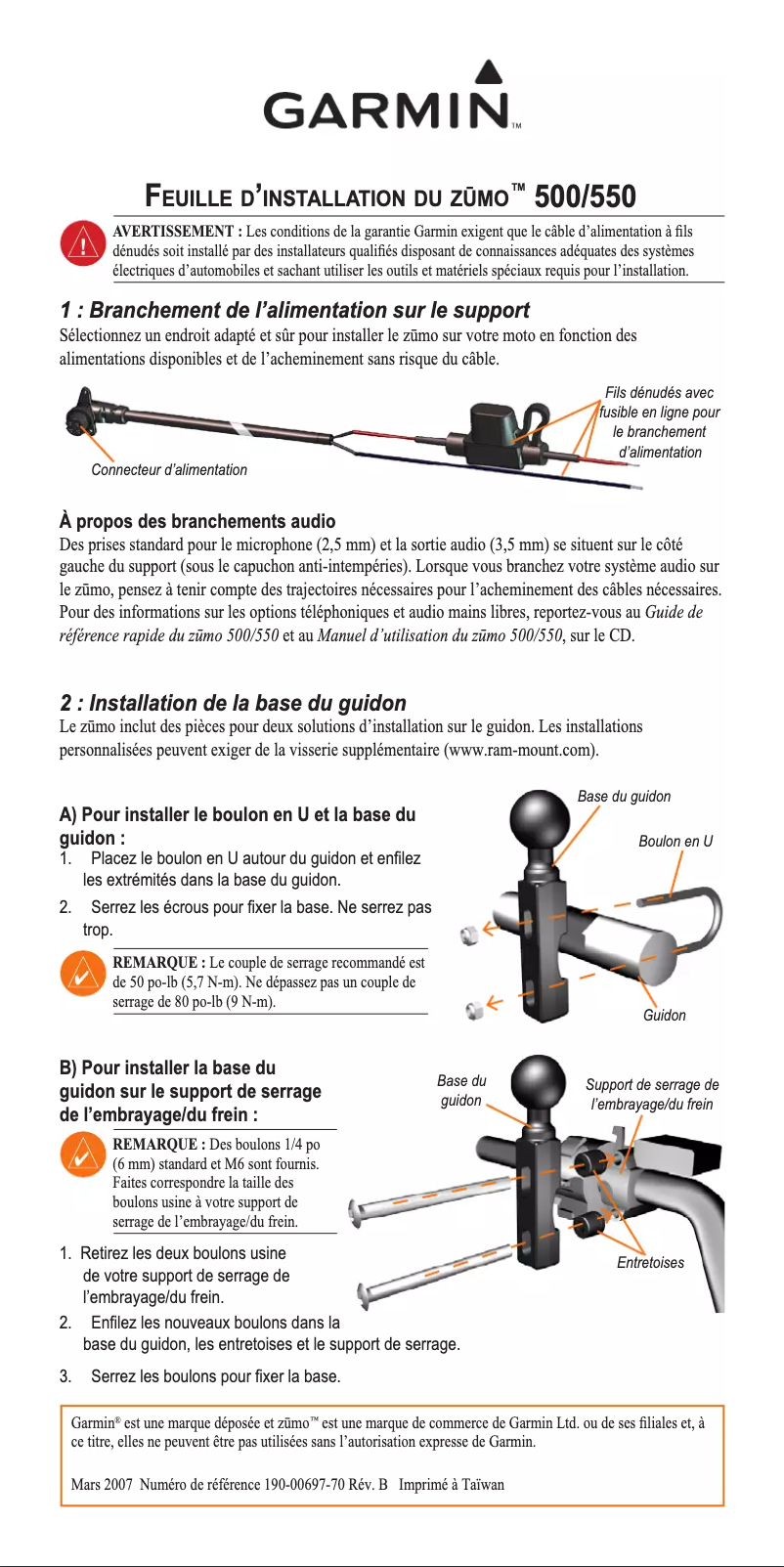 Page 1 de la notice Guide d'installation Garmin Zumo 550