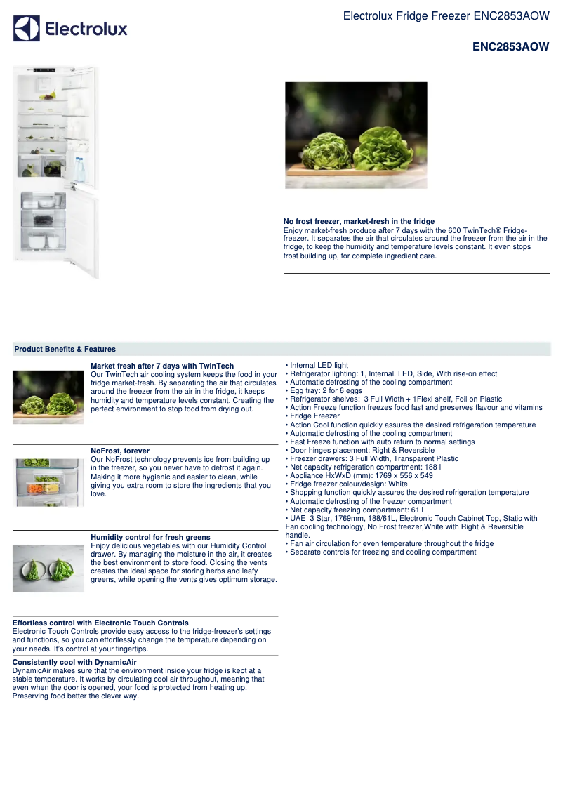 Page 1 de la notice Fiche technique Electrolux ENC2853AOW