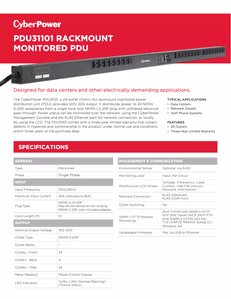 Page n°1 - Fiche technique CyberPower PDU31101