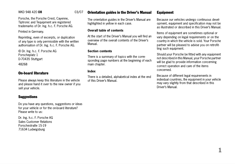 Imagen de la primera página del manual del dispositivo Cayenne S (2007)