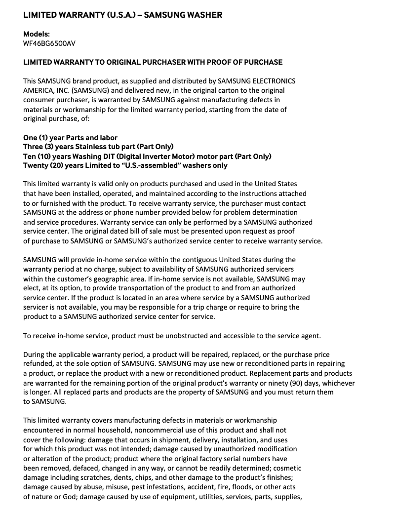 Page 1 de la notice Informations de garantie Samsung WF46BG6500AV
