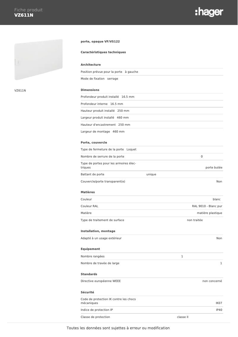 Page 1 de la notice Manuel utilisateur Hager VZ611N