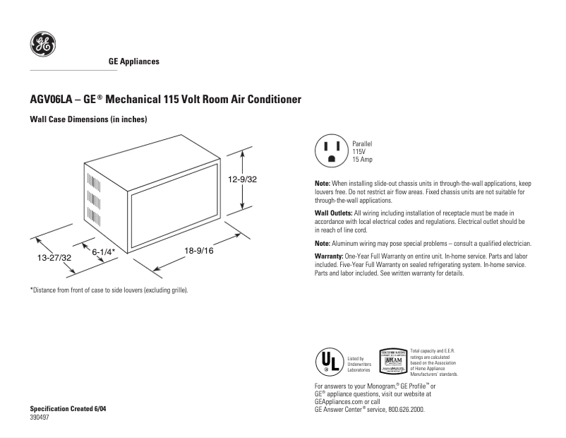 Page 1 de la notice Fiche technique GE AGV06LA