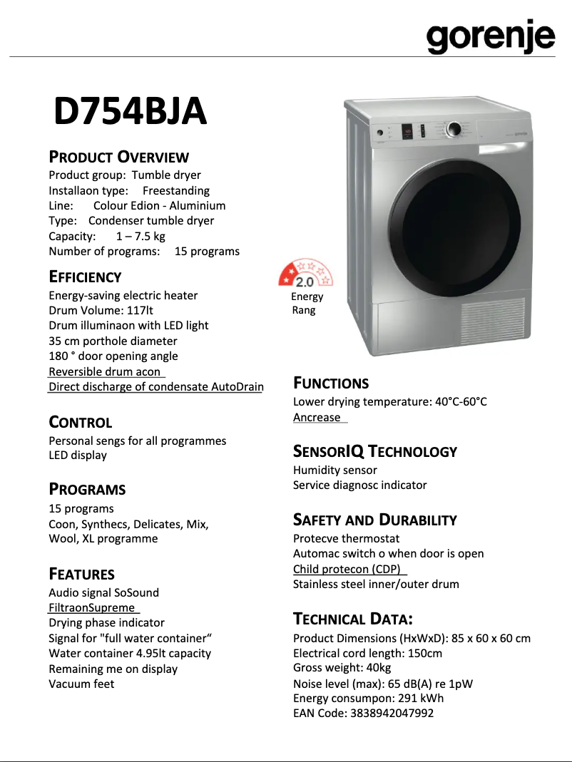 Page 1 de la notice Fiche technique Gorenje D754BJA