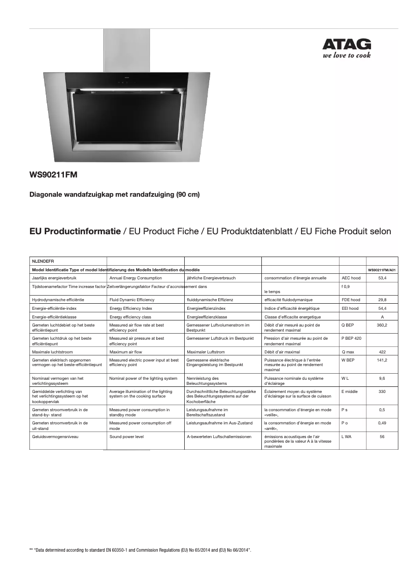 Page 1 de la notice Fiche technique Atag WS90211FM