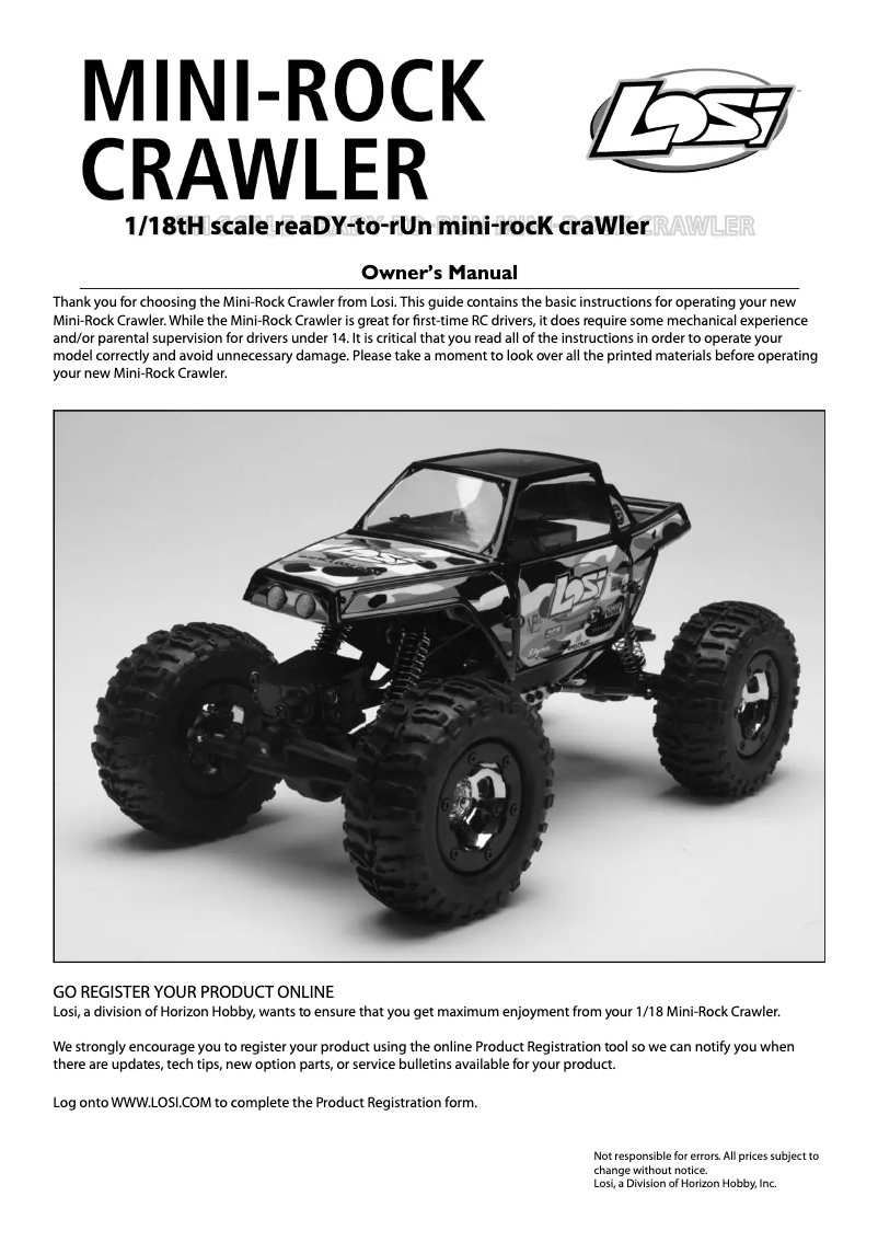 Page 1 de la notice Manuel utilisateur Losi 1/18 Mini-Rock Crawler RTR