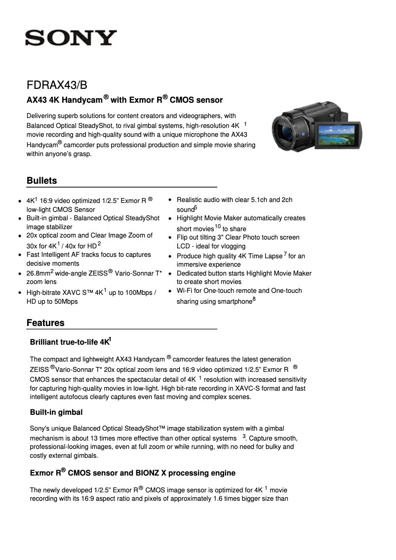 Page n°1 - Fiche technique Sony Handycam FDR-AX43