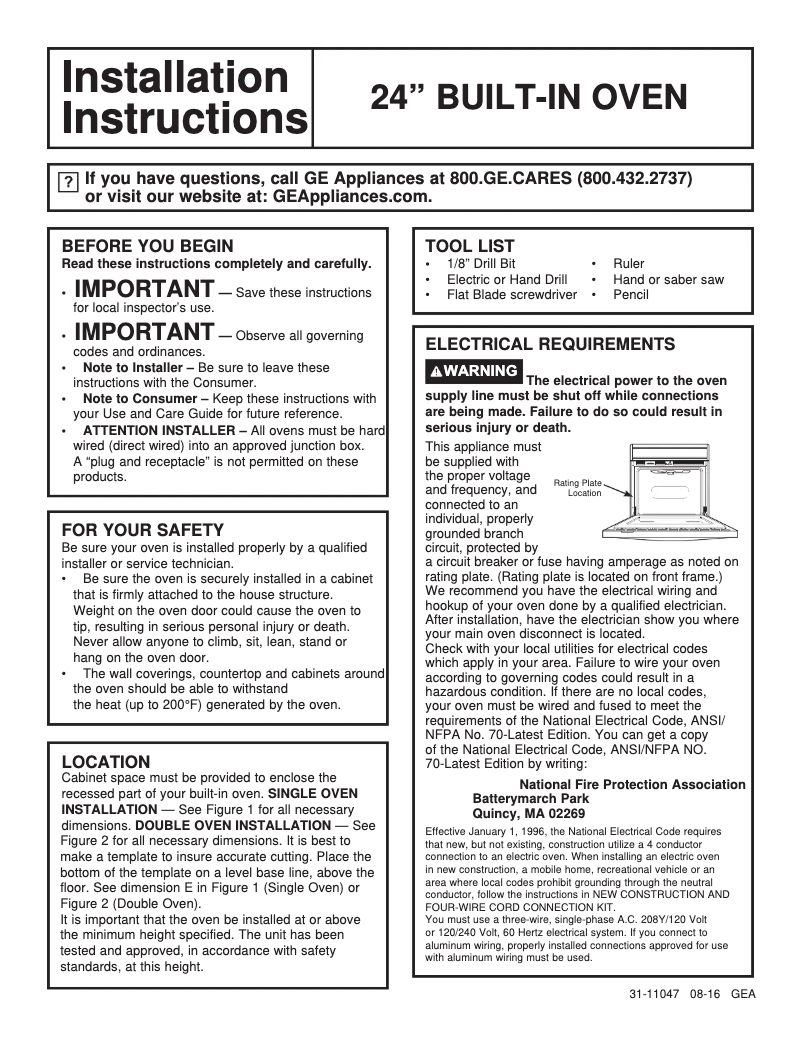 Página 1 del manual Guía de instalación GE JRP20BJBB