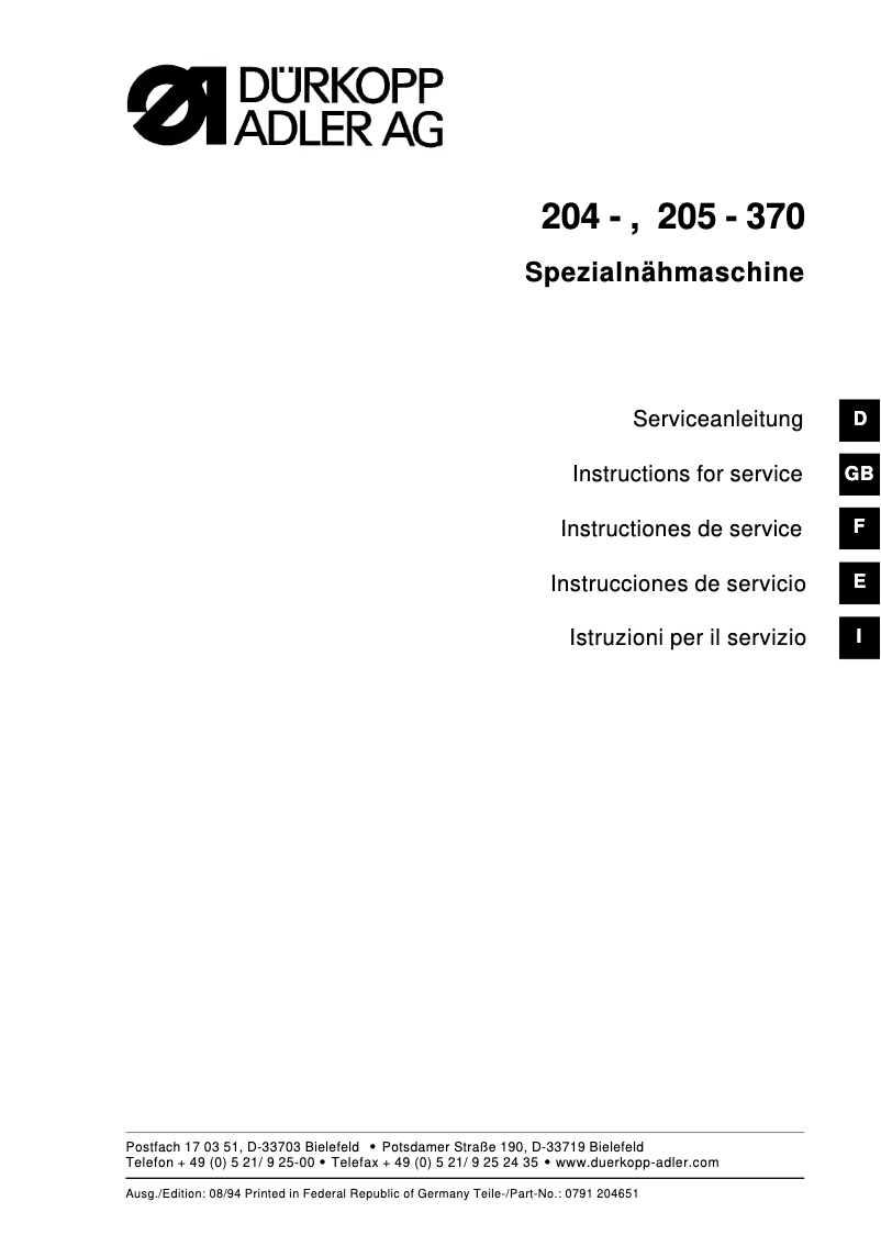 Page n°1 - Manuel utilisateur Dürkopp Adler 204