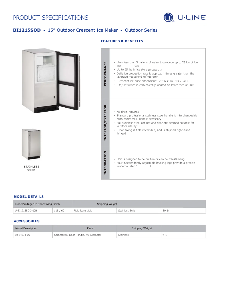Page 1 de la notice Fiche technique U-Line U-BI1215OD