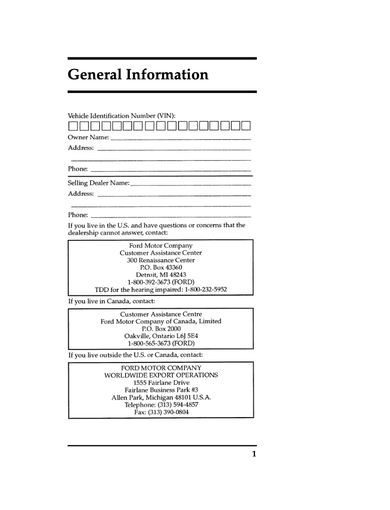 Page 1 de la notice Manuel d'utilisation et d'entretien Ford Aerostar (1996)