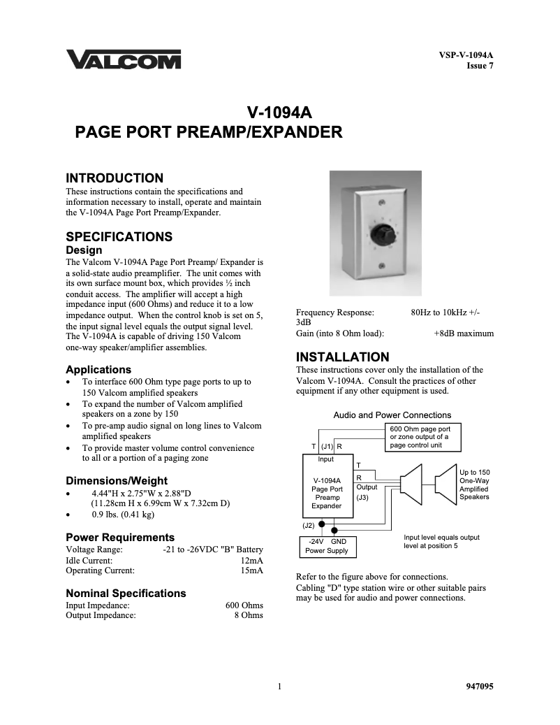 Image de la première page du manuel de l'appareil V-1094A