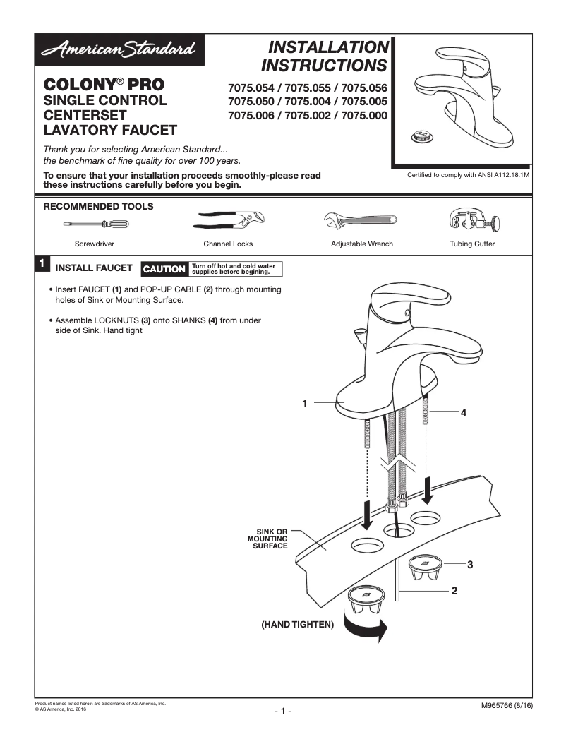 Página 1 del manual Manual de usuario American Standard Colony Pro 7075.002.002