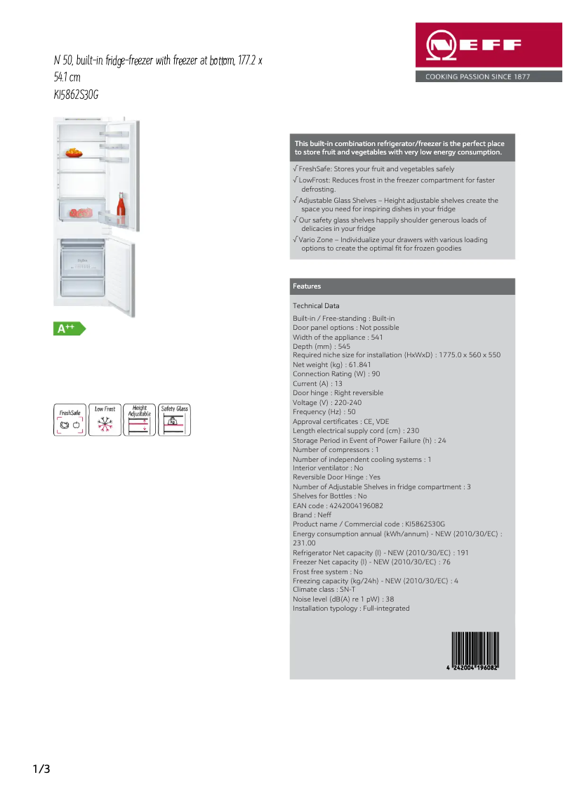 Page 1 de la notice Fiche technique Neff KI5862S30G