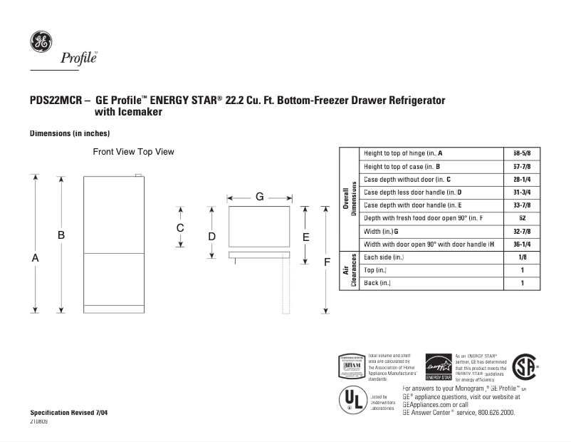 Page n°1 - Fiche technique GE Profile PDS22MCRBB
